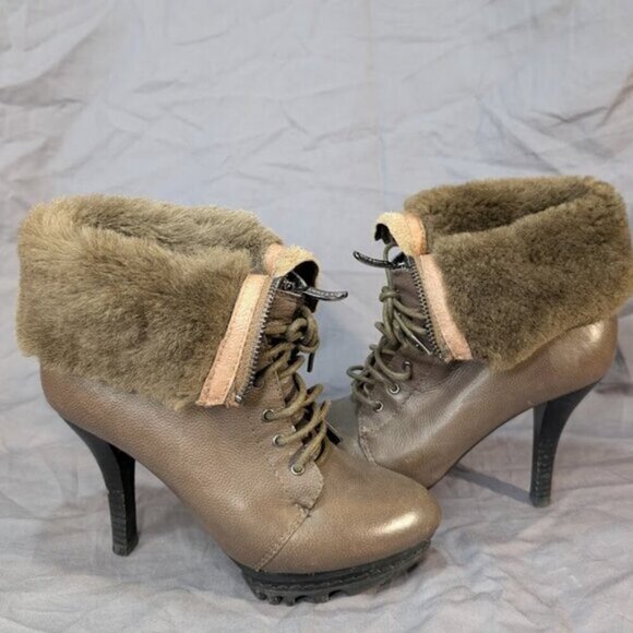 Vinsor Brown Leather Fold Over Fur Heel Boots Lug Sole Women Size 225 - Picture 5 of 9